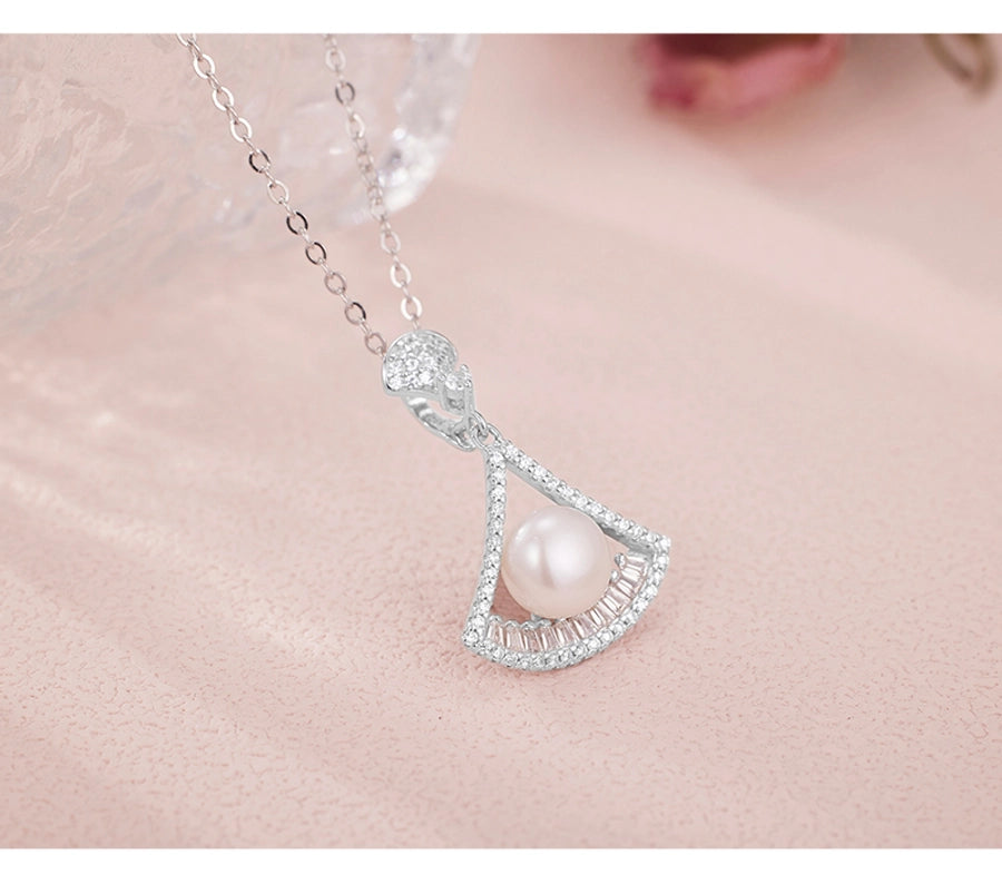 925 Sterling Silver Long-Lasting Plated Pearl Zircon cable chain Polishing Plating Inlay Geometric Sector Pendant Necklace