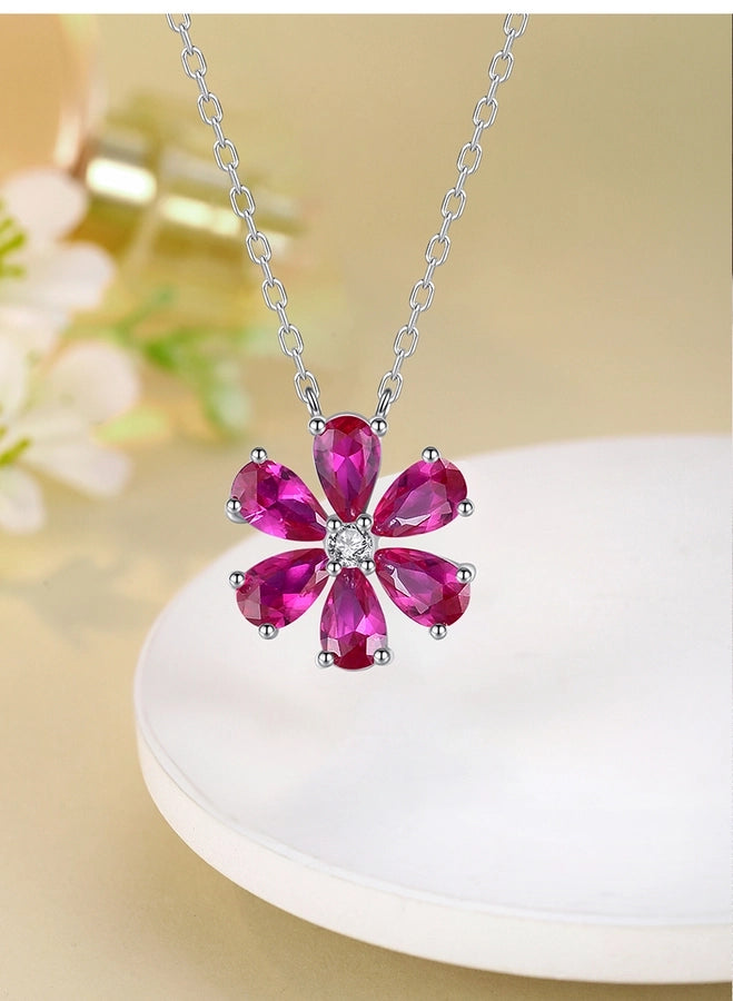 925 Sterling Silver Zircon cable chain Flower Pendant Necklace