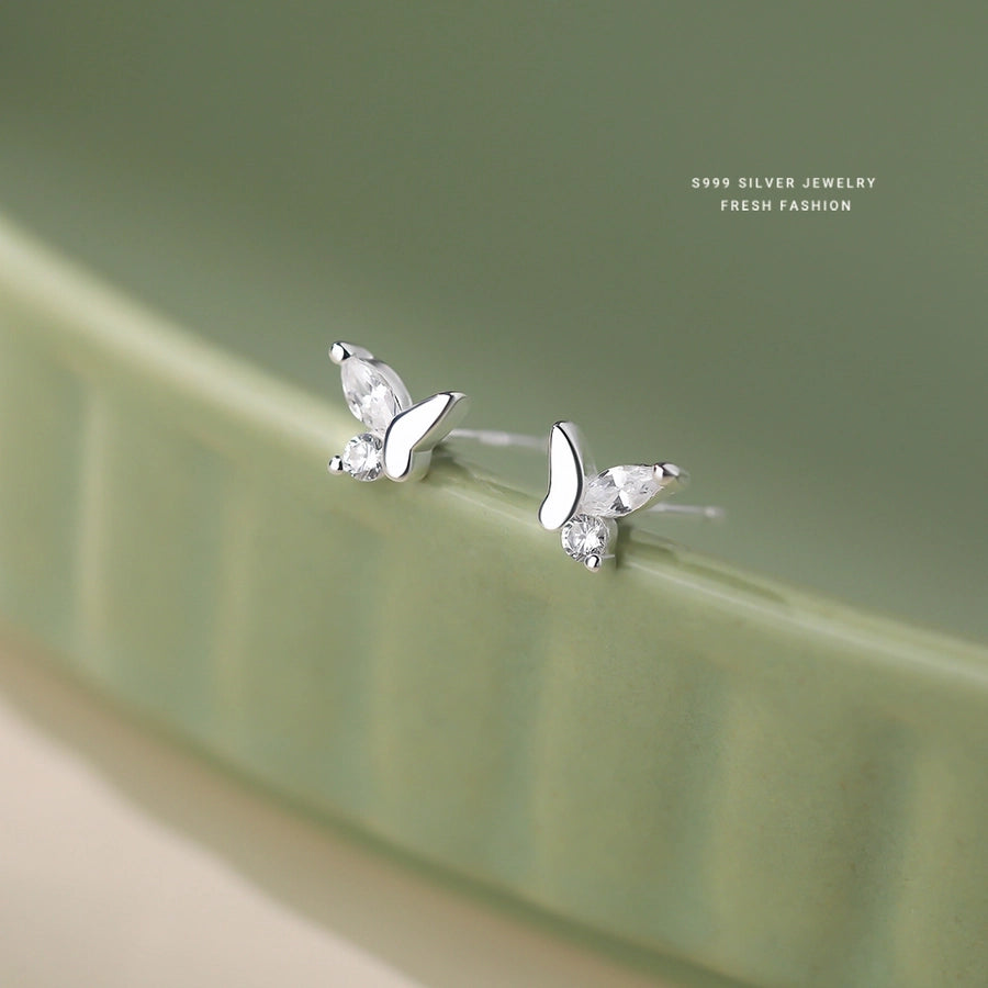 1 Pair S999 Silver Zircon 925 Sterling Silver Earrings Butterfly Ear Studs