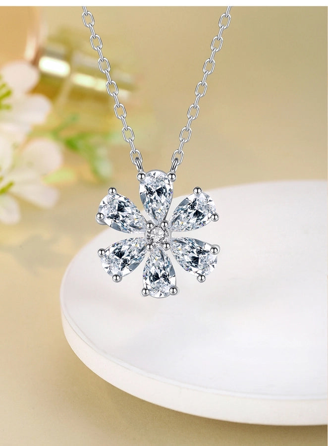 925 Sterling Silver Zircon cable chain Flower Pendant Necklace