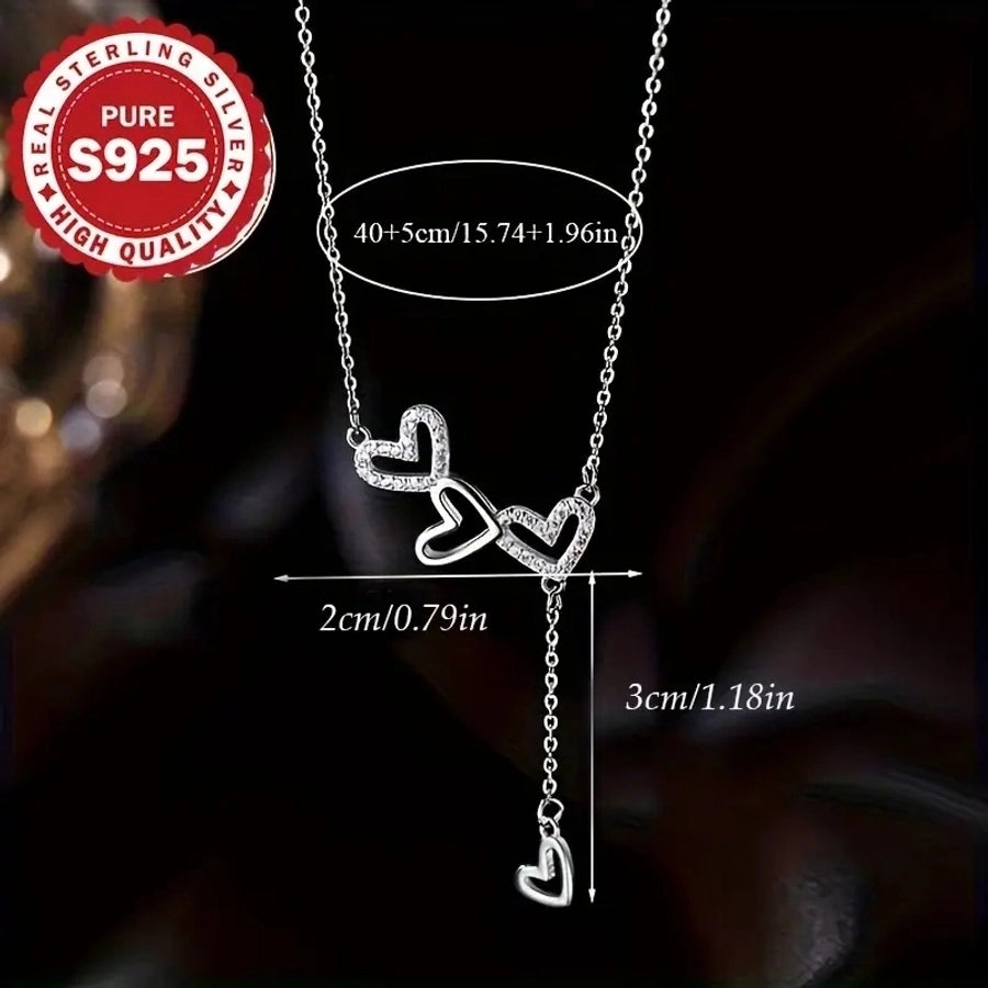 925 Sterling Silver Zircon cable chain Hollow Out Inlay Heart Shape Pendant Necklace