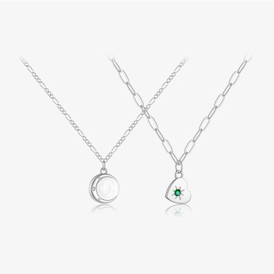 925 Sterling Silver Zircon cable chain Inlay Moon Heart Shape Pendant Necklace