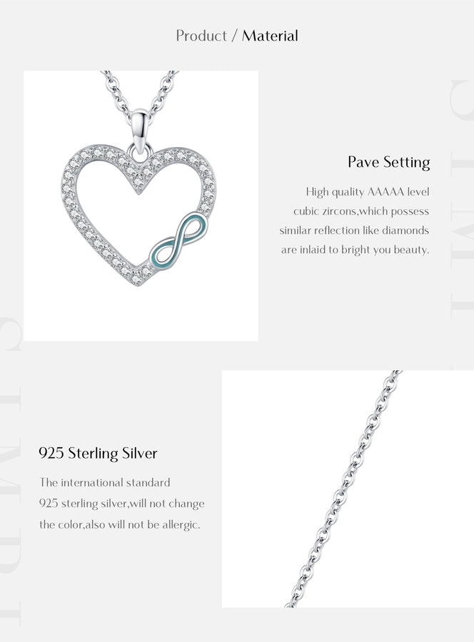 925 Sterling Silver Rack Plated Zircon cable chain Inlay Infinity Heart Shape Pendant Necklace