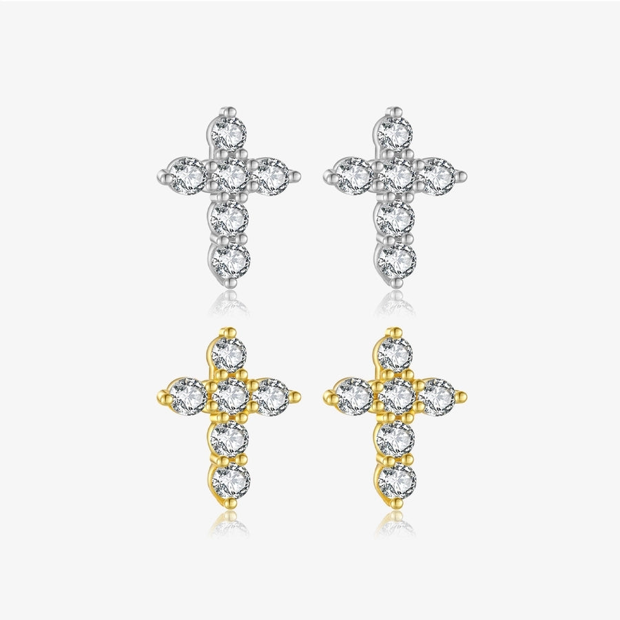 1 Pair 18K Gold Plated White Gold Plated 925 Sterling Silver Zircon 925 Sterling Silver Earrings Cross Ear Studs