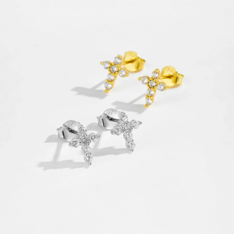 1 Pair 18K Gold Plated White Gold Plated 925 Sterling Silver Zircon 925 Sterling Silver Earrings Cross Ear Studs