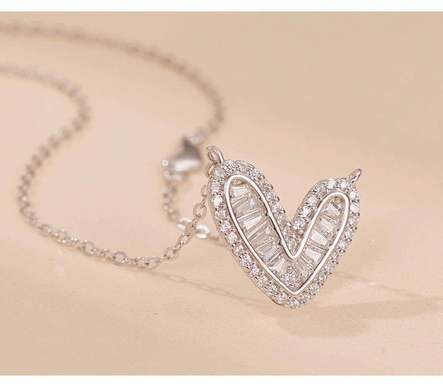 925 Sterling Silver Long-Lasting Plated Zircon cable chain Polishing Heart Shape Pendant Necklace