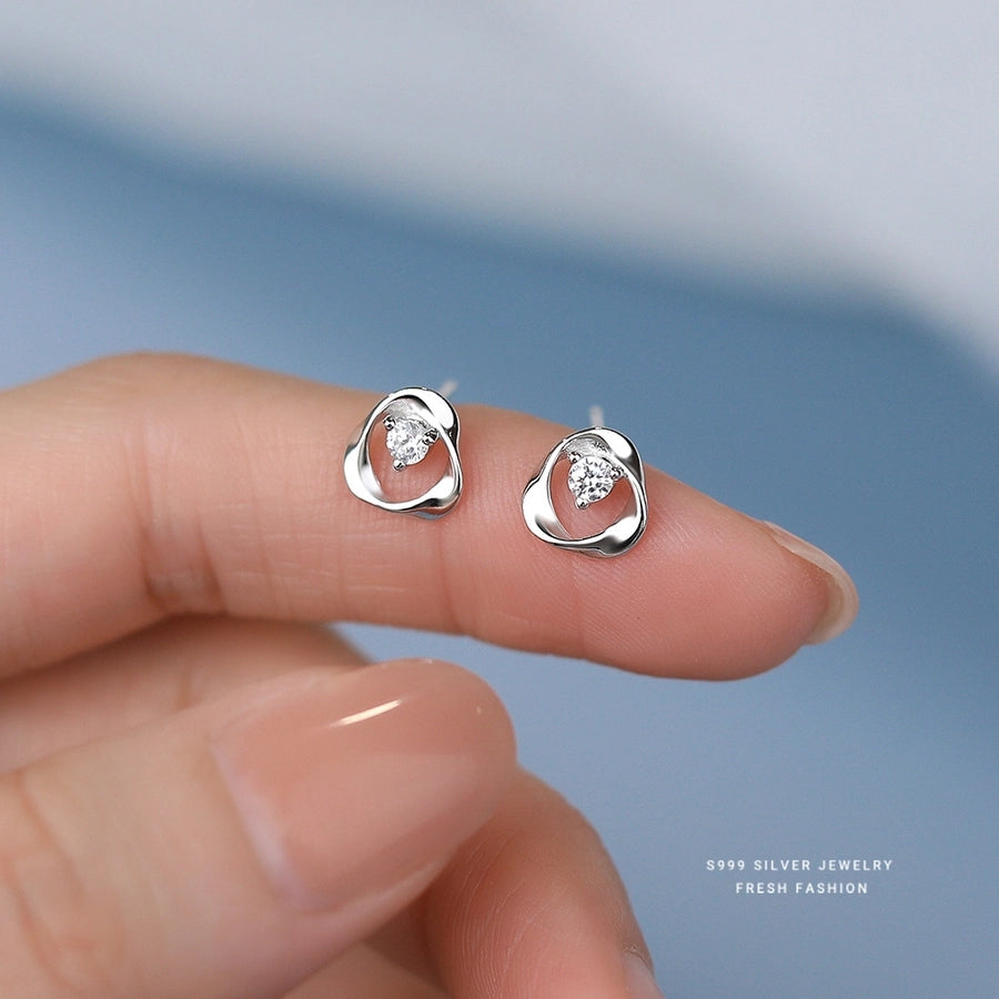 1 Pair S999 Silver Zircon 925 Sterling Silver Earrings Geometric Ear Studs