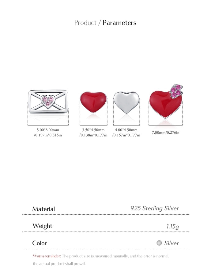 1 Set Rhodium Plated 925 Sterling Silver Zircon 925 Sterling Silver Earrings envelope Heart Shape Ear Studs