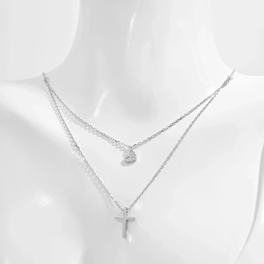 925 Sterling Silver Plated Zircon cable chain Cross Heart Shape Double Layer Necklaces Pendant Necklace