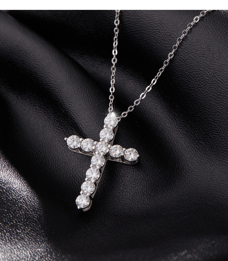 2.2 Karat VVS1-VVS2 Round Brilliant Cut 925 Sterling Silver 925 Sterling Silver Rack Plated Moissanite cable chain Inlay Cross Moissanite GRA Certificate Pendant Necklace