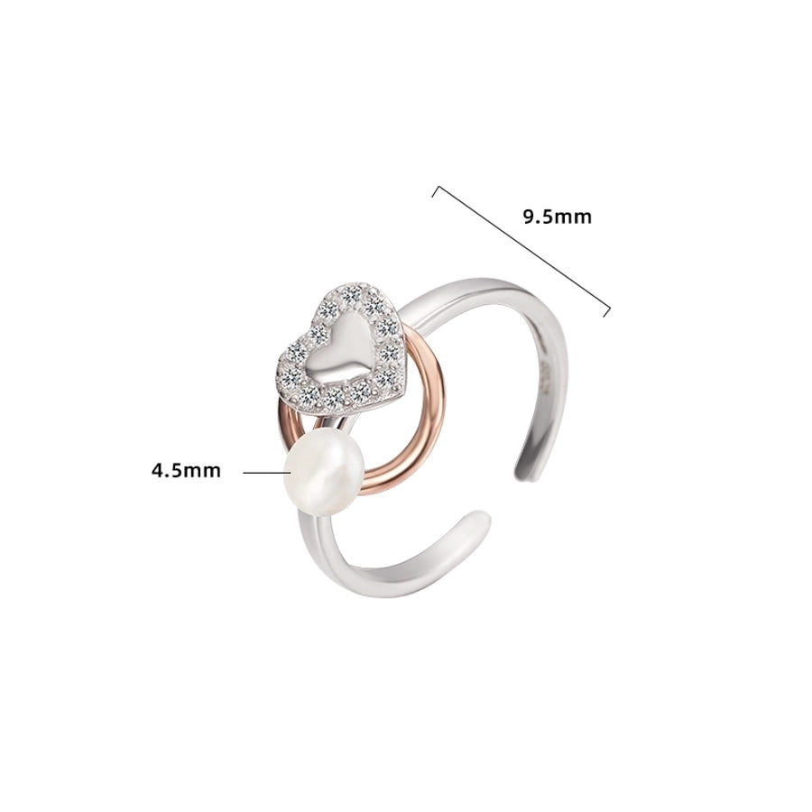 Rose Gold Plated White Gold Plated 925 Sterling Silver Pearl Zircon Heart Shape Open Rings 925 Sterling Silver Rings