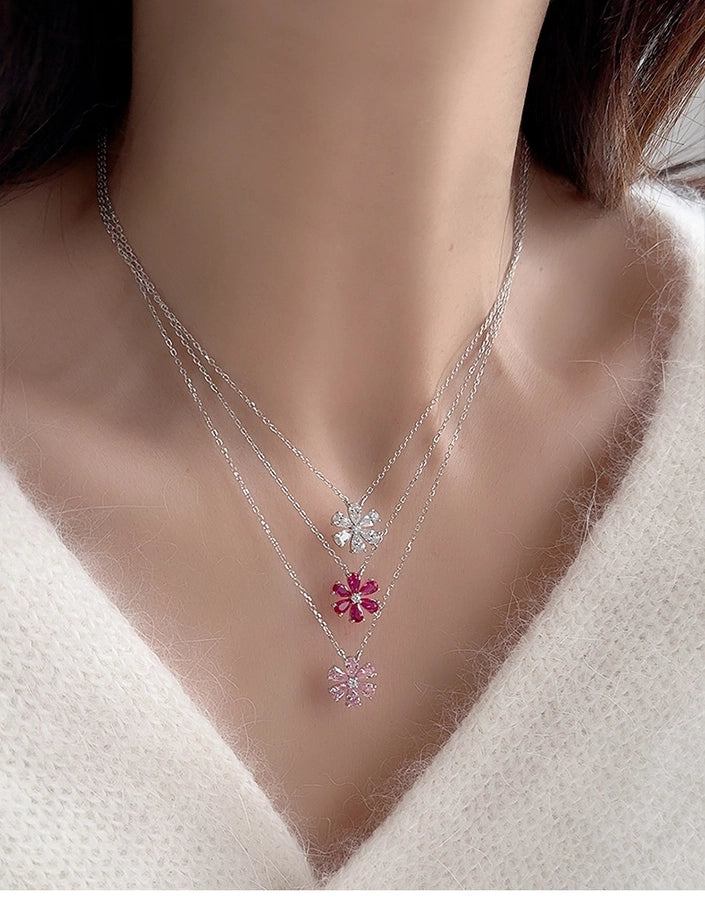 925 Sterling Silver Zircon cable chain Flower Pendant Necklace