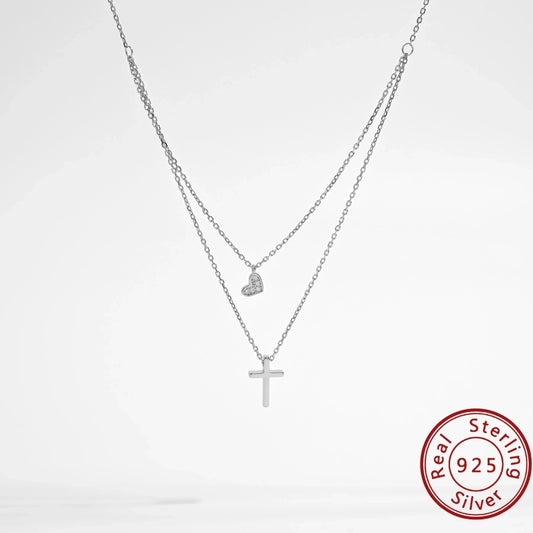 925 Sterling Silver Plated Zircon cable chain Cross Heart Shape Double Layer Necklaces Pendant Necklace