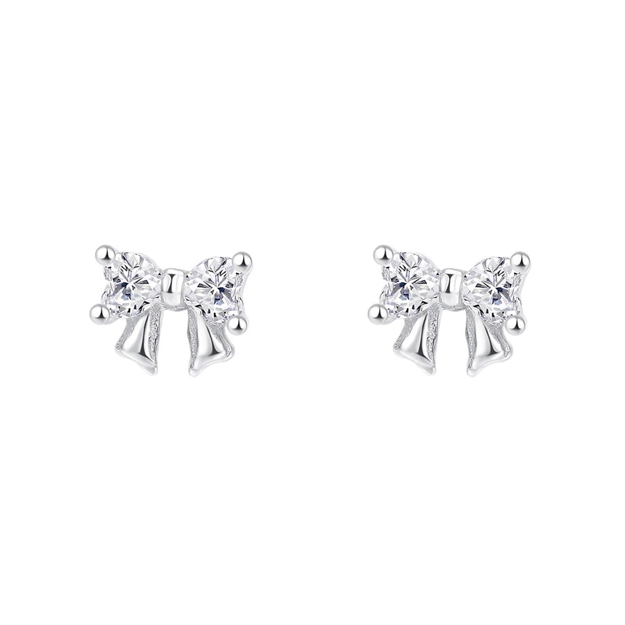 1 Pair S999 Silver Zircon 925 Sterling Silver Earrings Bow Knot Ear Studs