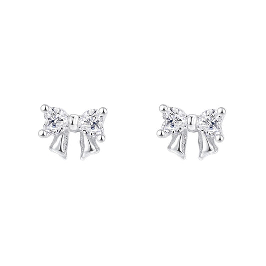 1 Pair S999 Silver Zircon 925 Sterling Silver Earrings Bow Knot Ear Studs