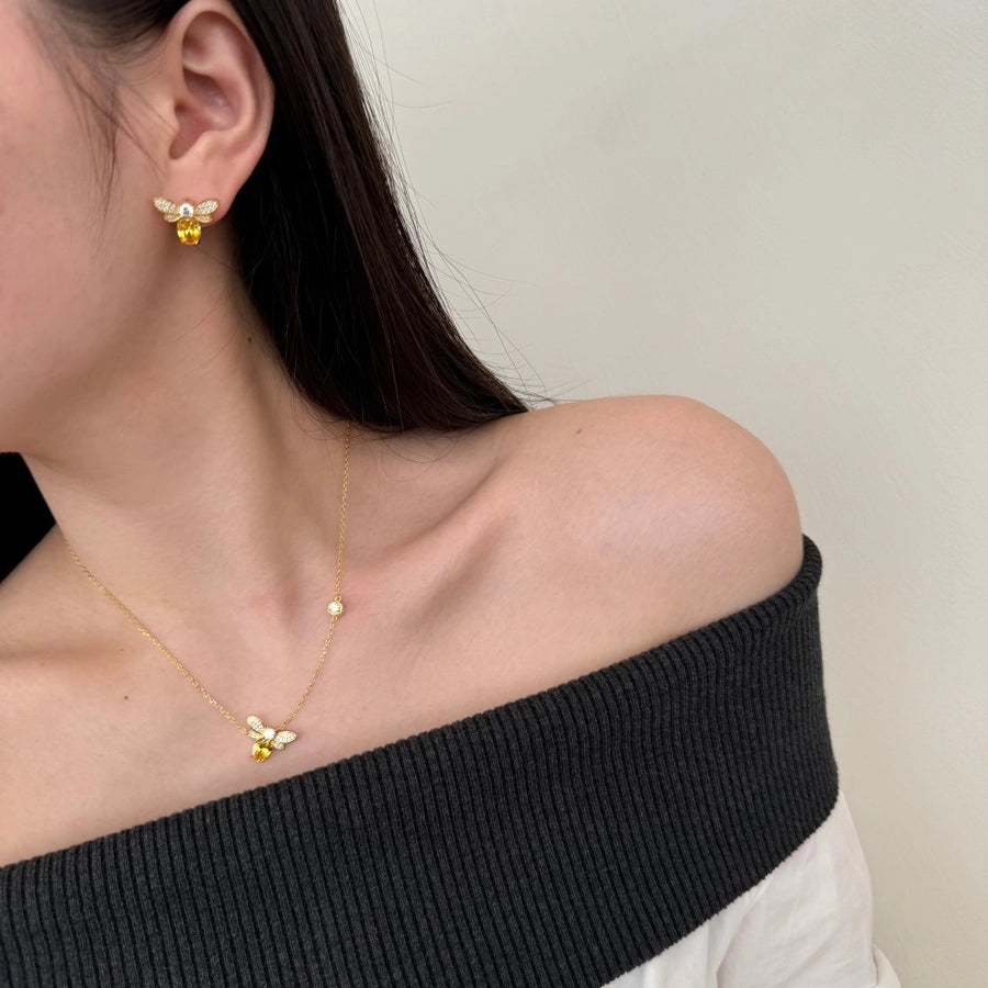 Light Luxury High-Grade S925 Sterling Silver Necklace Bracelet Ear Studs Women's Exquisite Firefly Shape Yellow Zirconium Inlaid Three-Piece Set