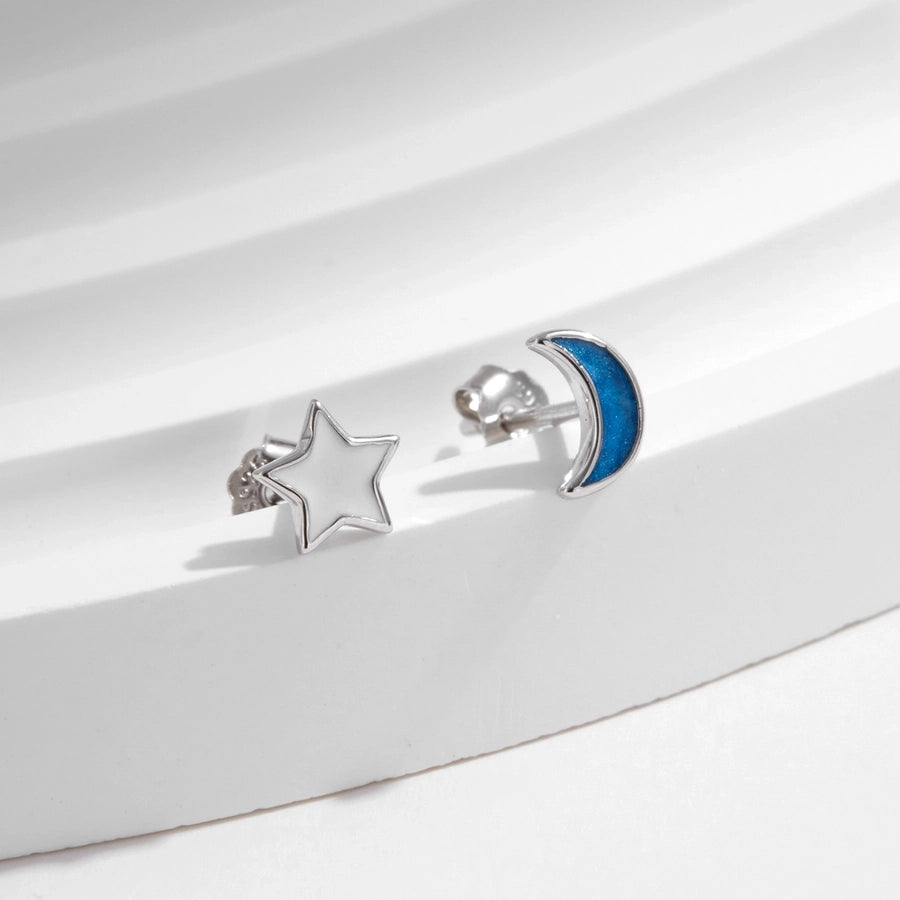 1 Pair Rhodium Plated 925 Sterling Silver 925 Sterling Silver Earrings Star Moon Ear Studs