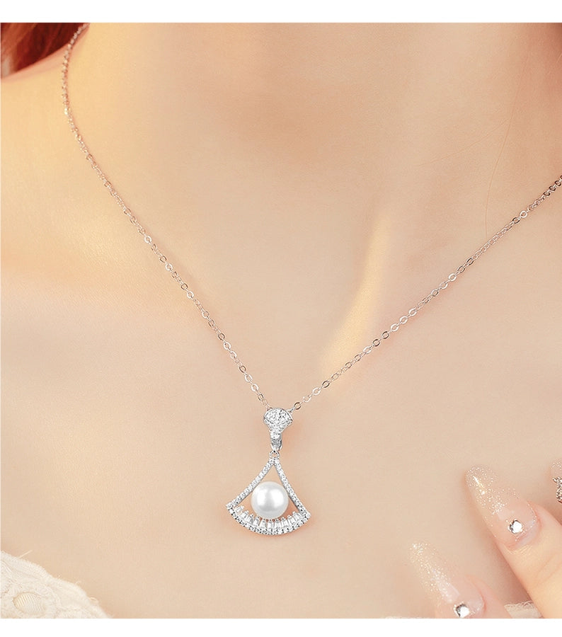 925 Sterling Silver Long-Lasting Plated Pearl Zircon cable chain Polishing Plating Inlay Geometric Sector Pendant Necklace