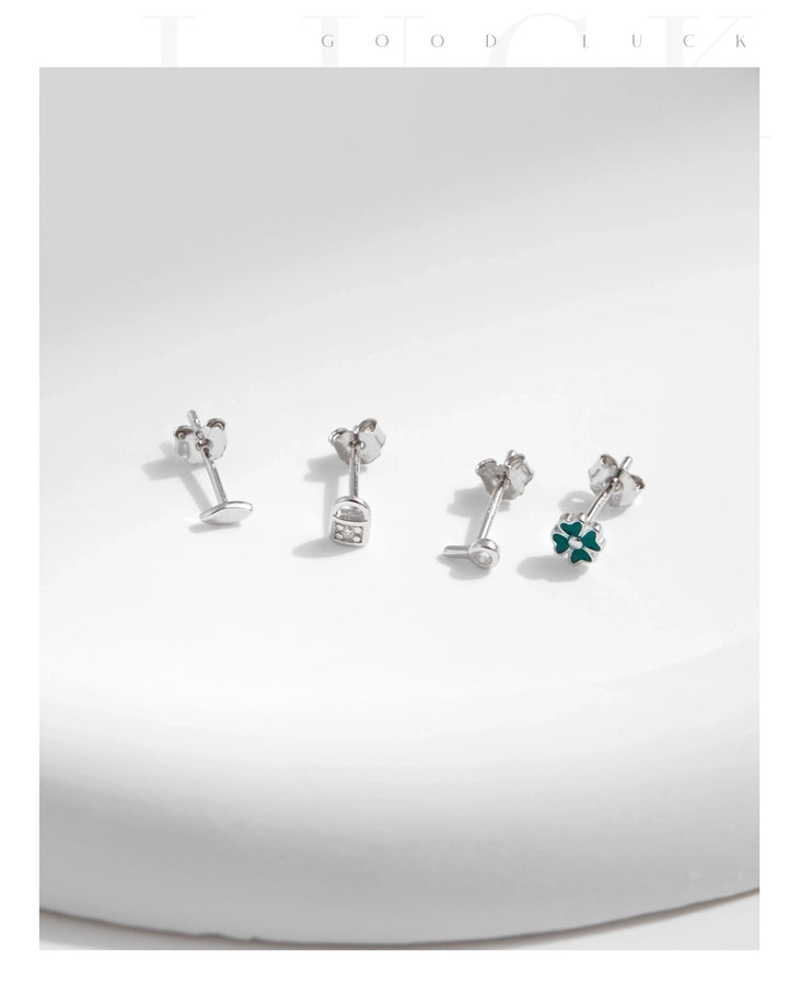 4 Pieces Rhodium Plated 925 Sterling Silver Zircon 925 Sterling Silver Earrings Four Leaf Clover Key Lock Ear Studs