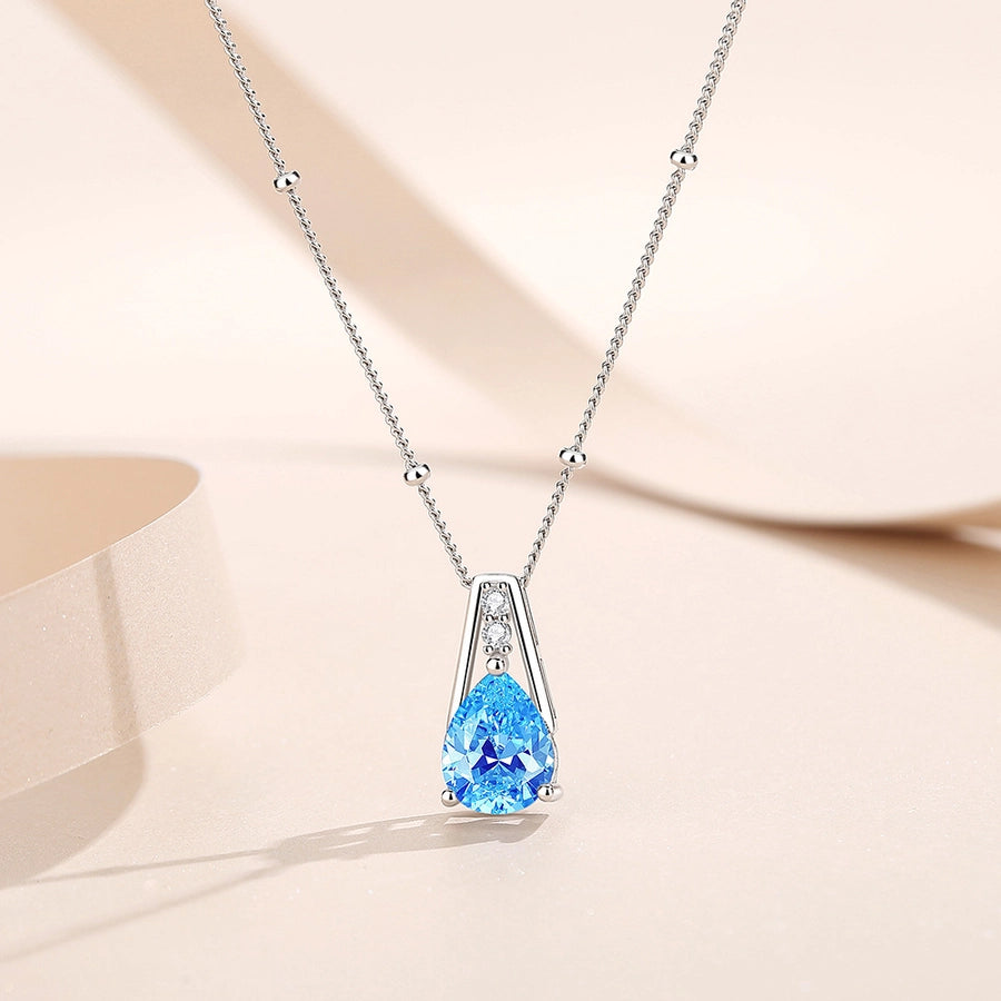 925 Sterling Silver Zircon  Inlay Water Droplets Pendant Necklace