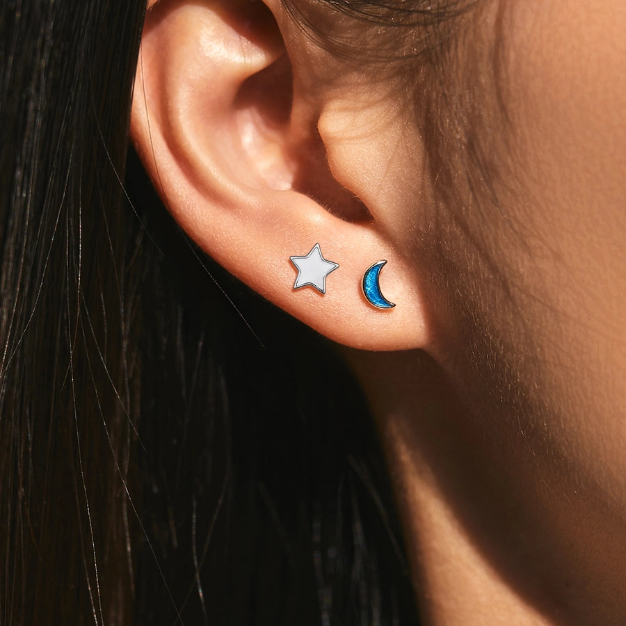 1 Pair Rhodium Plated 925 Sterling Silver 925 Sterling Silver Earrings Star Moon Ear Studs