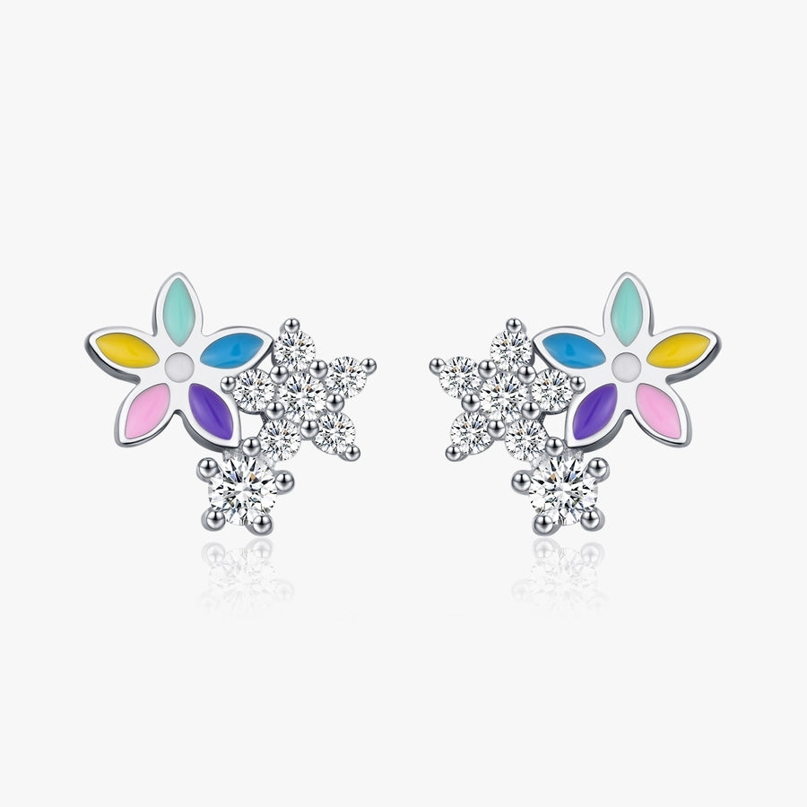 1 Pair Rhodium Plated 925 Sterling Silver Zircon 925 Sterling Silver Earrings Flower Ear Studs