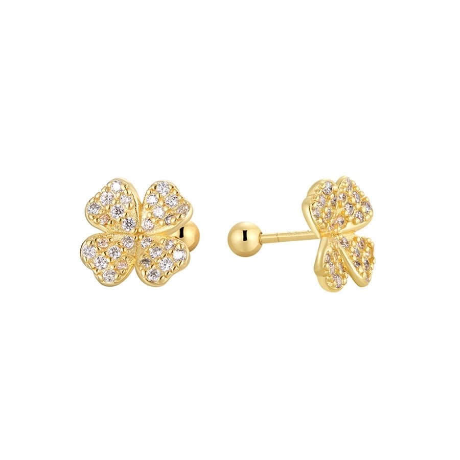 1 Pair 925 Sterling Silver Zircon 925 Sterling Silver Earrings Four Leaf Clover Ear Studs