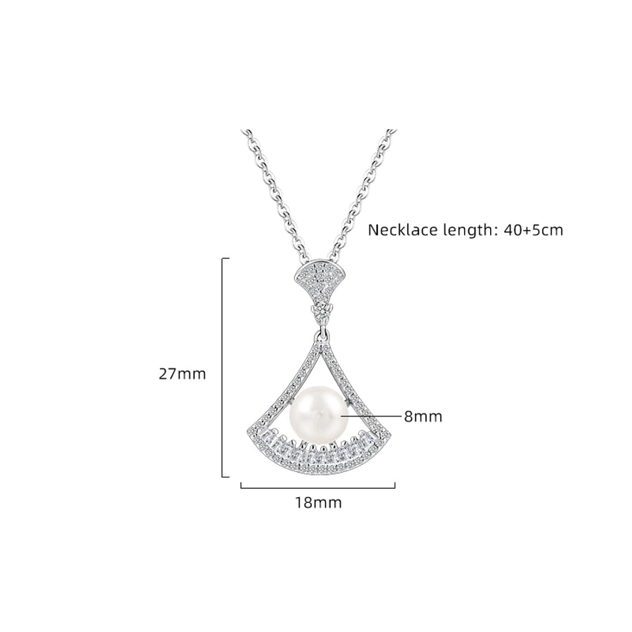 925 Sterling Silver Long-Lasting Plated Pearl Zircon cable chain Polishing Plating Inlay Geometric Sector Pendant Necklace