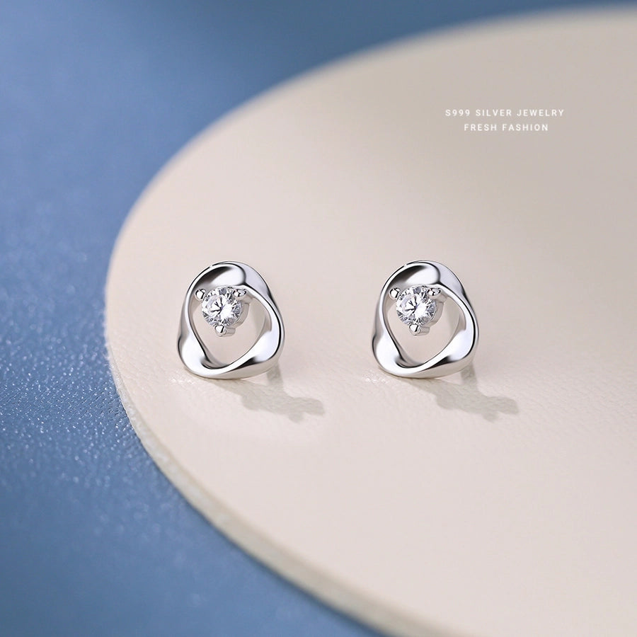 1 Pair S999 Silver Zircon 925 Sterling Silver Earrings Geometric Ear Studs