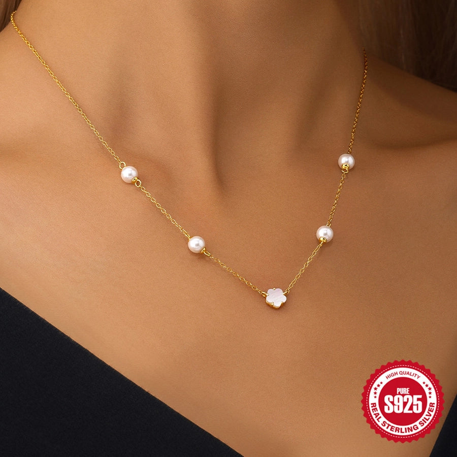 S925 Sterling Silver Pearl Five Petal Flower White Shell Temperament Necklace, Bracelet Set Korean Style Niche High Sense Bracelet Necklace