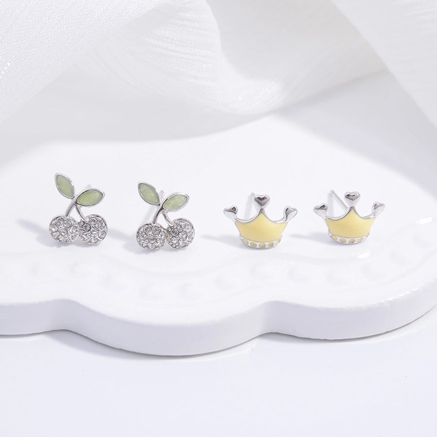 1 Pair 22K Gold Plated Rhodium Plated 925 Sterling Silver Zircon 925 Sterling Silver Earrings Penguin Cherry Crown Ear Studs