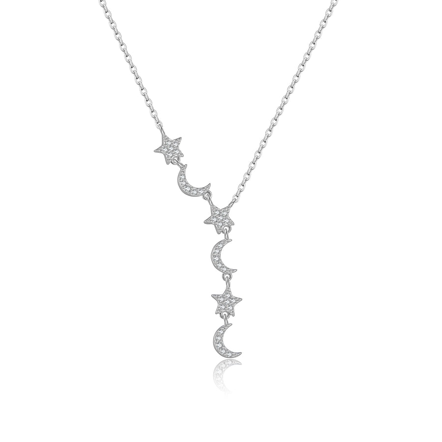 925 Sterling Silver Zircon cable chain Star Moon Pendant Necklace