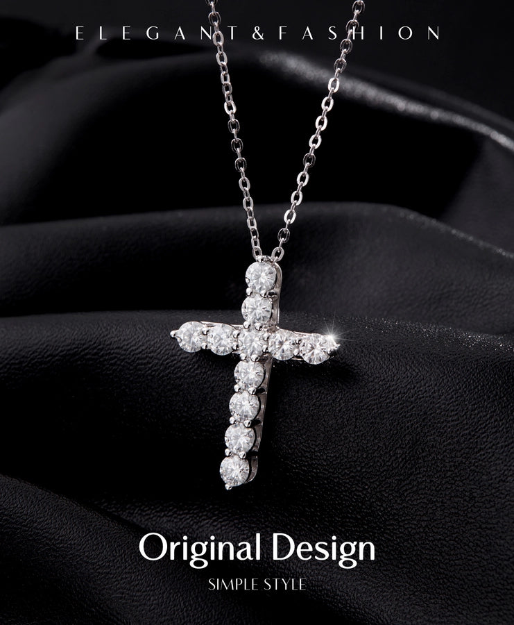 2.2 Karat VVS1-VVS2 Round Brilliant Cut 925 Sterling Silver 925 Sterling Silver Rack Plated Moissanite cable chain Inlay Cross Moissanite GRA Certificate Pendant Necklace