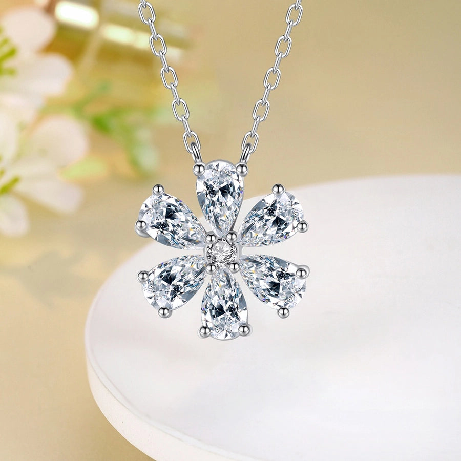 925 Sterling Silver Zircon cable chain Flower Pendant Necklace