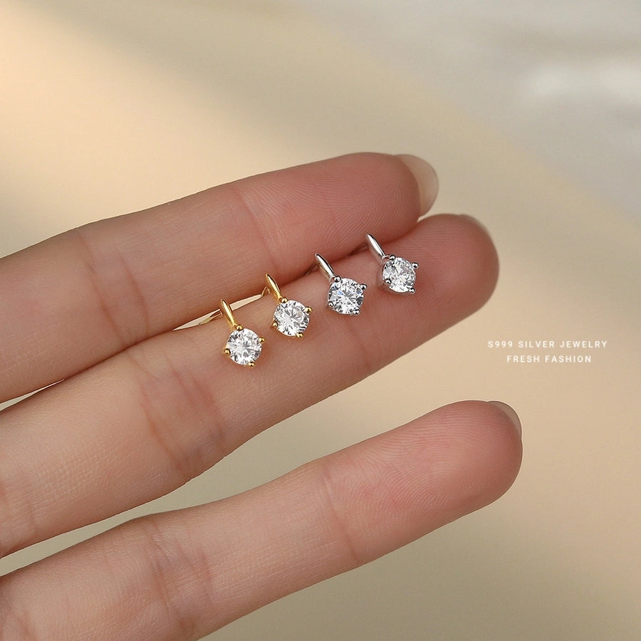 1 Pair S999 Silver Zircon 925 Sterling Silver Earrings Geometric Ear Studs