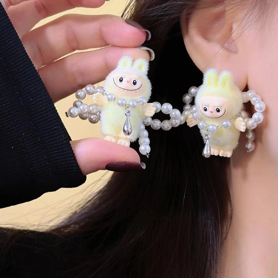 1 Pair Imitation Pearl Flocking 925 Sterling Silver Earrings Cartoon Character Ear Studs