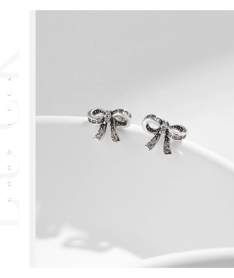 1 Pair Rhodium Plated 925 Sterling Silver Zircon 925 Sterling Silver Earrings Bow Knot Ear Studs