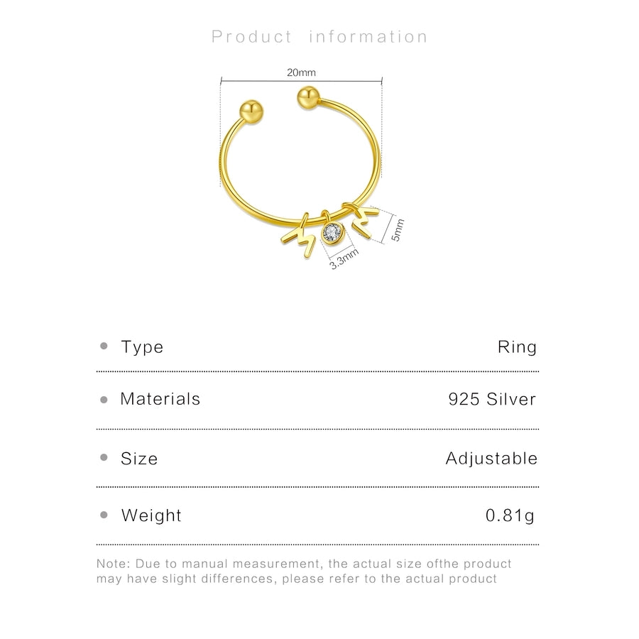 18K Gold Plated White Gold Plated 925 Sterling Silver Zircon Round Letter Rings 925 Sterling Silver Rings