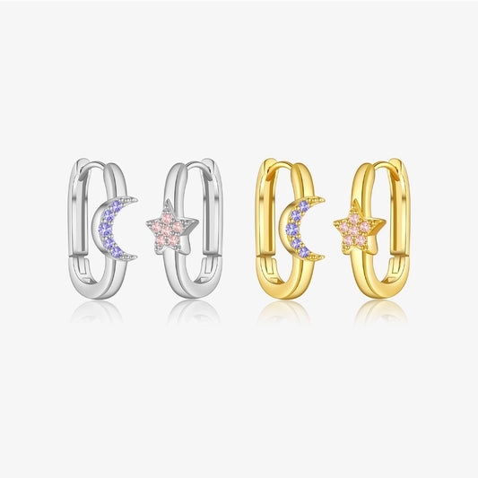 1 Pair 18K Gold Plated White Gold Plated 925 Sterling Silver Zircon 925 Sterling Silver Earrings Star Moon Earrings
