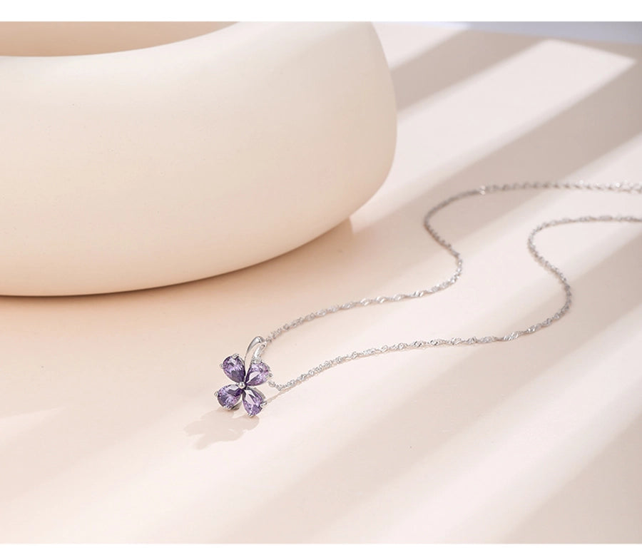 925 Sterling Silver Zircon  Polishing Inlay Flower Pendant Necklace