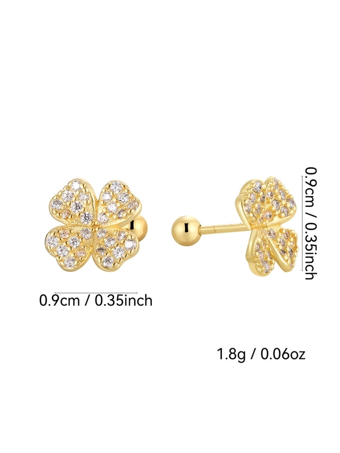 1 Pair 925 Sterling Silver Zircon 925 Sterling Silver Earrings Four Leaf Clover Ear Studs