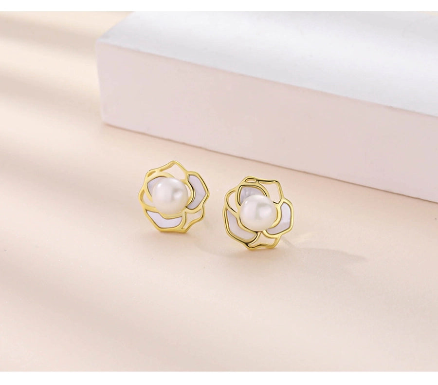 1 Pair 18K Gold Plated White Gold Plated 925 Sterling Silver Pearl Shell 925 Sterling Silver Earrings Geometric Flower Ear Studs