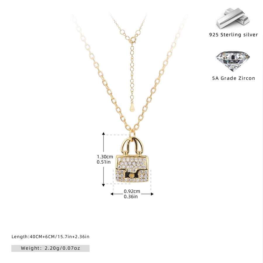 925 Sterling Silver Rack Plated Plated Long-Lasting Plated Zircon cable chain Bag Pendant Necklace