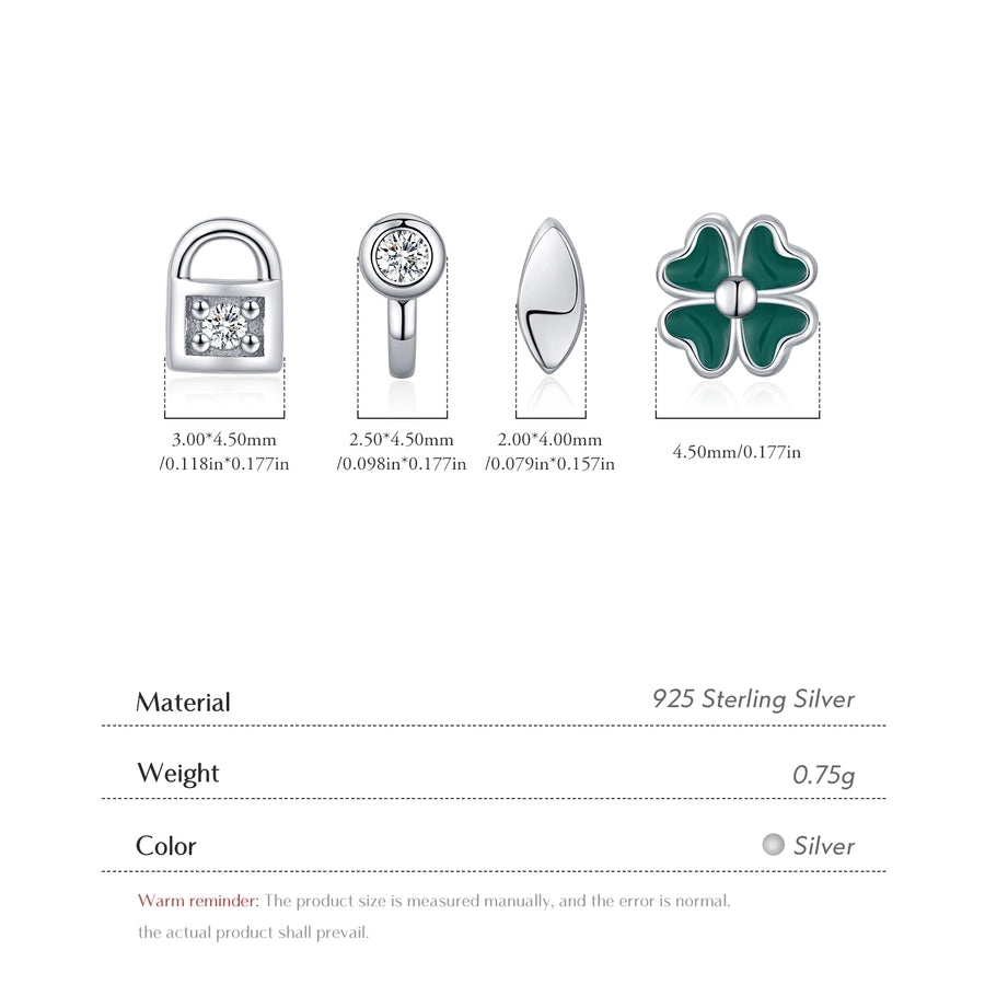 4 Pieces Rhodium Plated 925 Sterling Silver Zircon 925 Sterling Silver Earrings Four Leaf Clover Key Lock Ear Studs