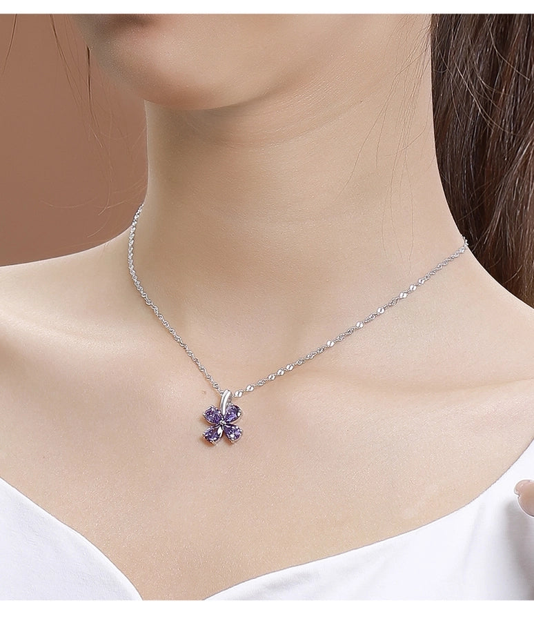 925 Sterling Silver Zircon  Polishing Inlay Flower Pendant Necklace