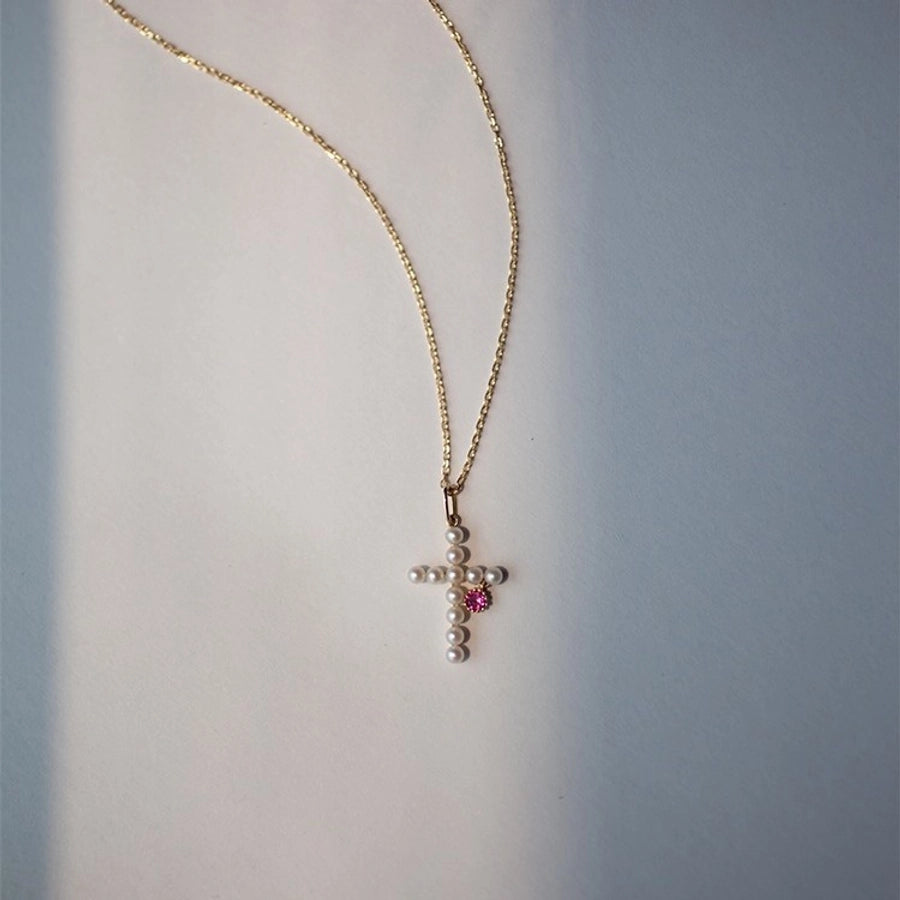 925 Sterling Silver Pearl Zircon cable chain Inlay Cross Pendant Necklace