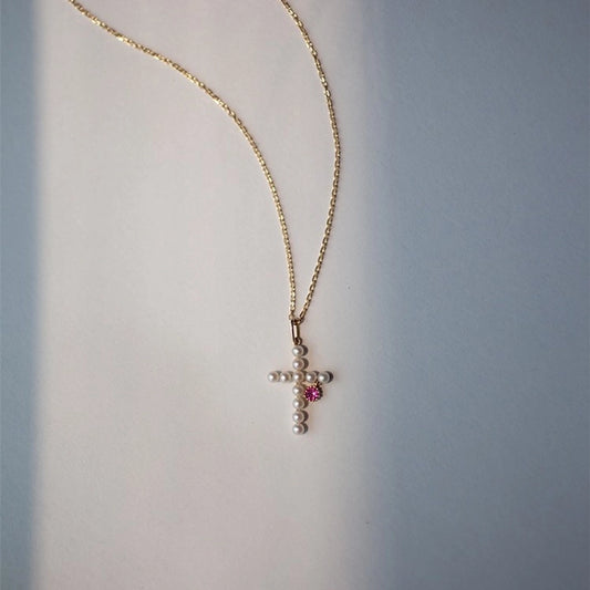 925 Sterling Silver Pearl Zircon cable chain Inlay Cross Pendant Necklace