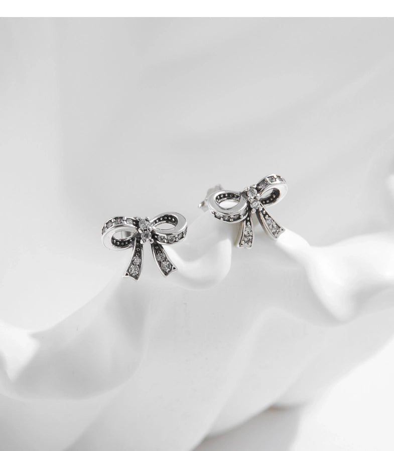 1 Pair Rhodium Plated 925 Sterling Silver Zircon 925 Sterling Silver Earrings Bow Knot Ear Studs