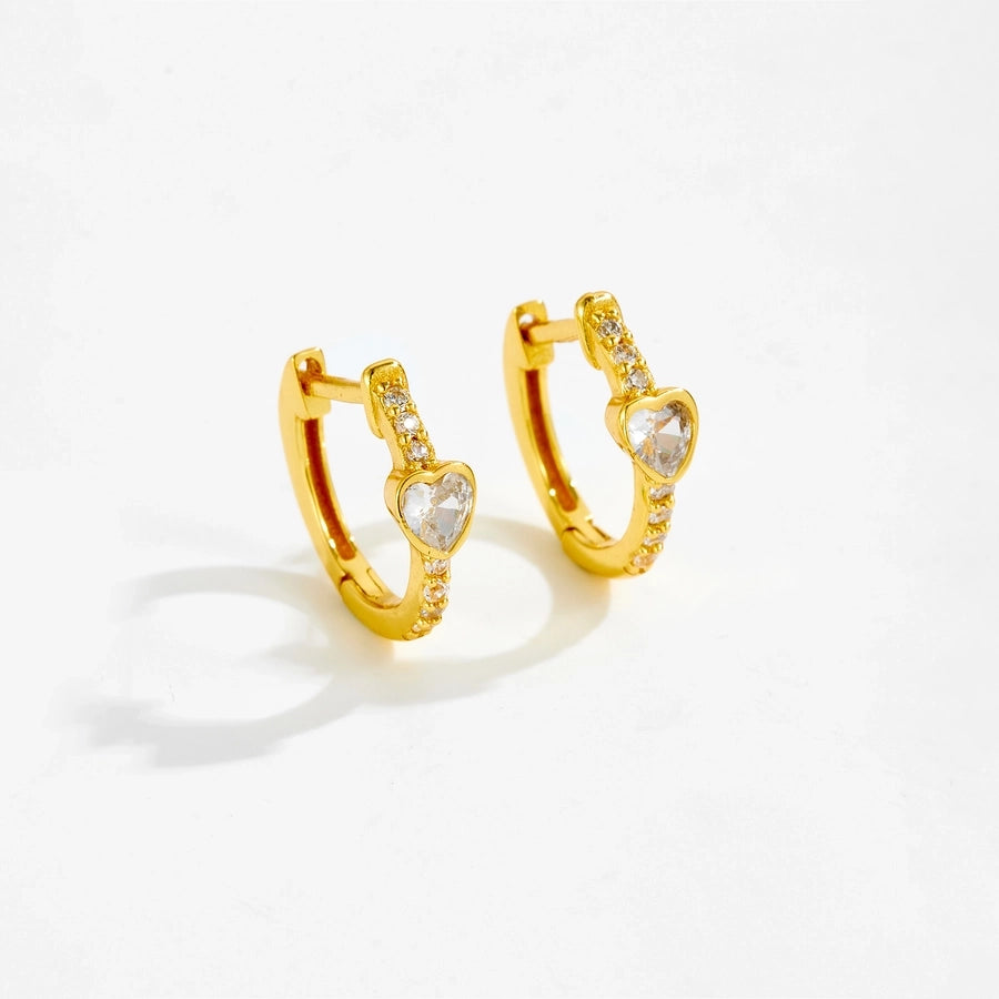 1 Pair 18K Gold Plated White Gold Plated 925 Sterling Silver Zircon 925 Sterling Silver Earrings Heart Shape Hoop Earrings