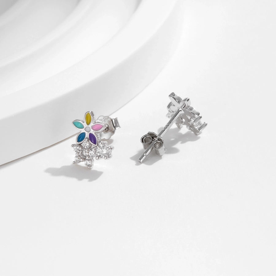 1 Pair Rhodium Plated 925 Sterling Silver Zircon 925 Sterling Silver Earrings Flower Ear Studs